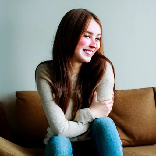 Image similar to a cute young woman smiling, long shiny bronze brown hair, full round face, green eyes, medium skin tone, light cute freckles, smiling softly, wearing casual clothing, relaxing on a modern couch, interior lighting, cozy living room background, medium shot, mid-shot, soft focus