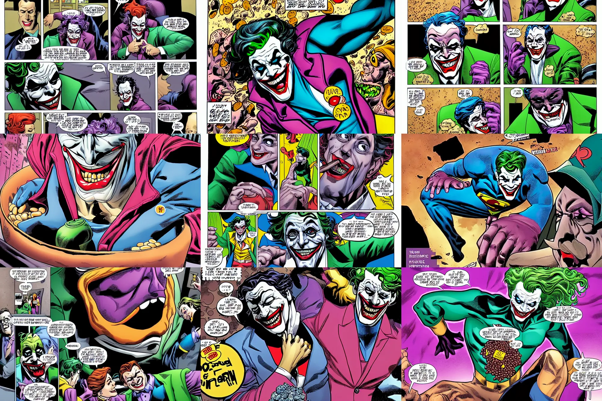 Prompt: the dc universe joker falling into a vat of baked beans, comic book
