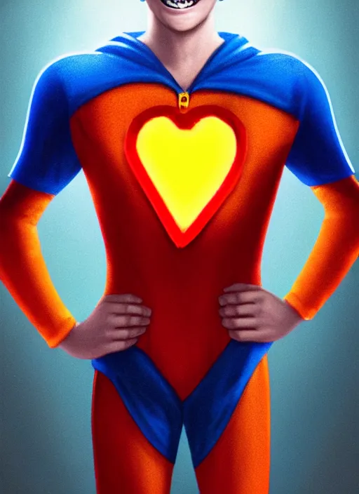 Image similar to friendly teenage archie andrews wearing an orange superhero costume with heart logo, heart, freckles, blue cape, heart emblem on chest, blue cape, intricate, elegant, glowing lights, highly detailed, digital painting, artstation, sharp focus, illustration, art by wlop, mars ravelo and greg rutkowski