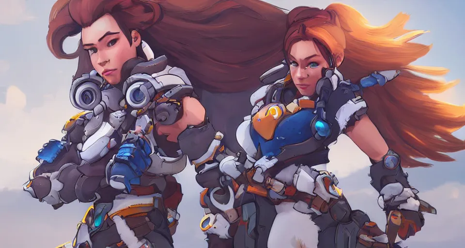 Image similar to overwatch, brigitte, horizon zero dawn, aloy, digital art