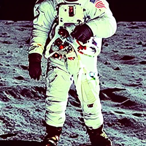 Prompt: grainy footage of moon landing with 2 1 savage as the astronaut and a space helmet with a clear visor showing his face