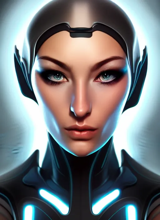 Image similar to portrait of a cyborg woman by Artgerm, (((((face turns left))))) ((((((face turns right)))))), eyes closed , biomechanical, hyper detailled, trending on artstation