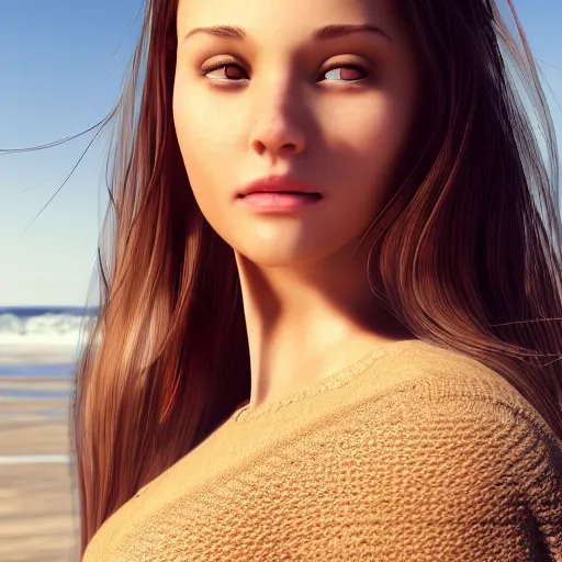 Image similar to real life photo of a beautiful girl, full body photoshoot, long brown hair, brown eyes, full round face, short smile, belly free, brown sweater, beach setting, cinematic lightning, medium shot, mid - shot, highly detailed, trending on artstation, unreal engine 4 k, 8 0 mm, 8 5 mm, cinematic wallpaper