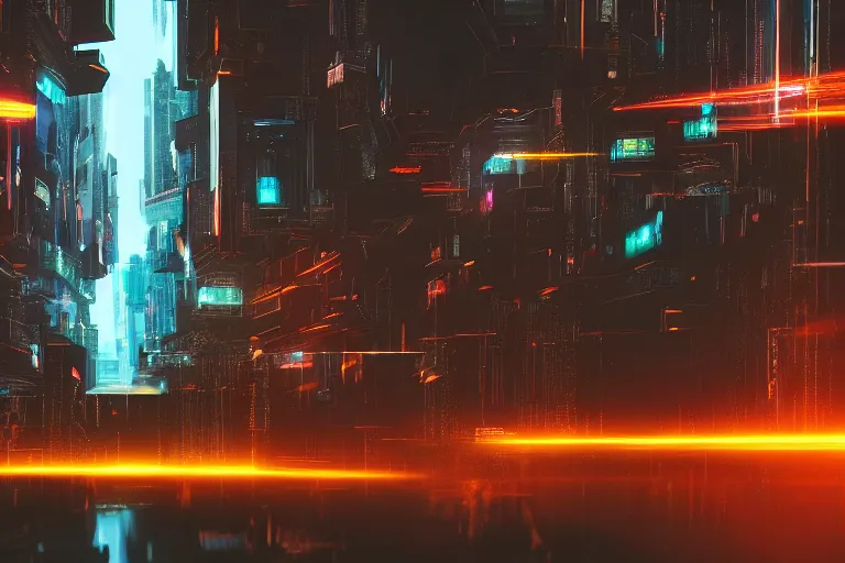 Prompt: abstract depiction of a complex city where the connections are seen as streaks of intense light, cyberpunk style