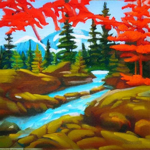 Image similar to “ a forrest in canada, a river, a small blockhouse, snow, colorful, highly detailed oil painting ”