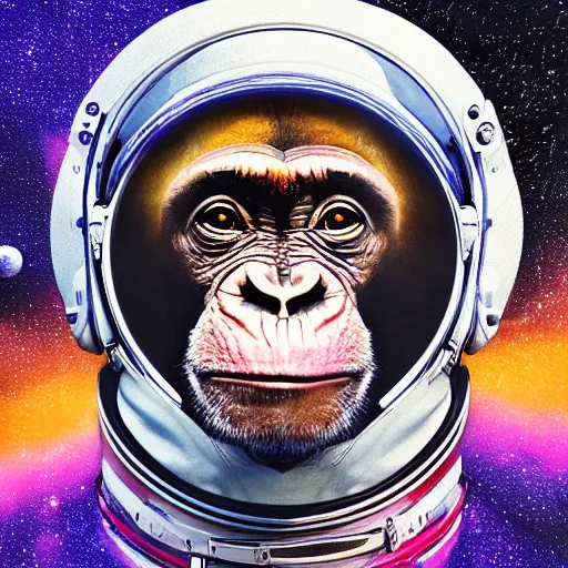 Image similar to double exposure portrait of astronaut and a chimpanzee astronaut with space and time in the the background by davinci, circles, psychedelic, pencil art, high definition, dynamic lighting stars, sharpness, golden ratio