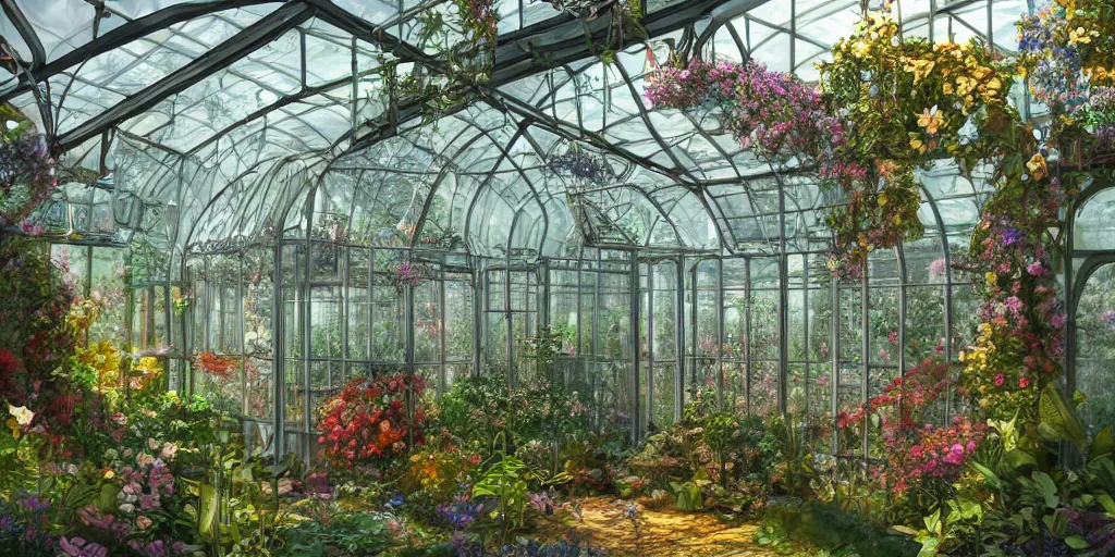 Prompt: glass greenhouse, another world, flowers, fairy tale, sunlight, highly detailed, low angle view, artstation, mysterious, comfort, in the style of aetherpunk