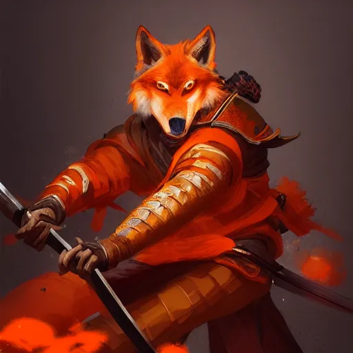 Image similar to commission portrait of a orange wolf dressed as a samurai holding a katana,dramatic,character design by charles bowater,greg rutkowski,ross tran,hyperdetailed,hyperrealistic,4k,deviantart,artstation,professional photography,concept art