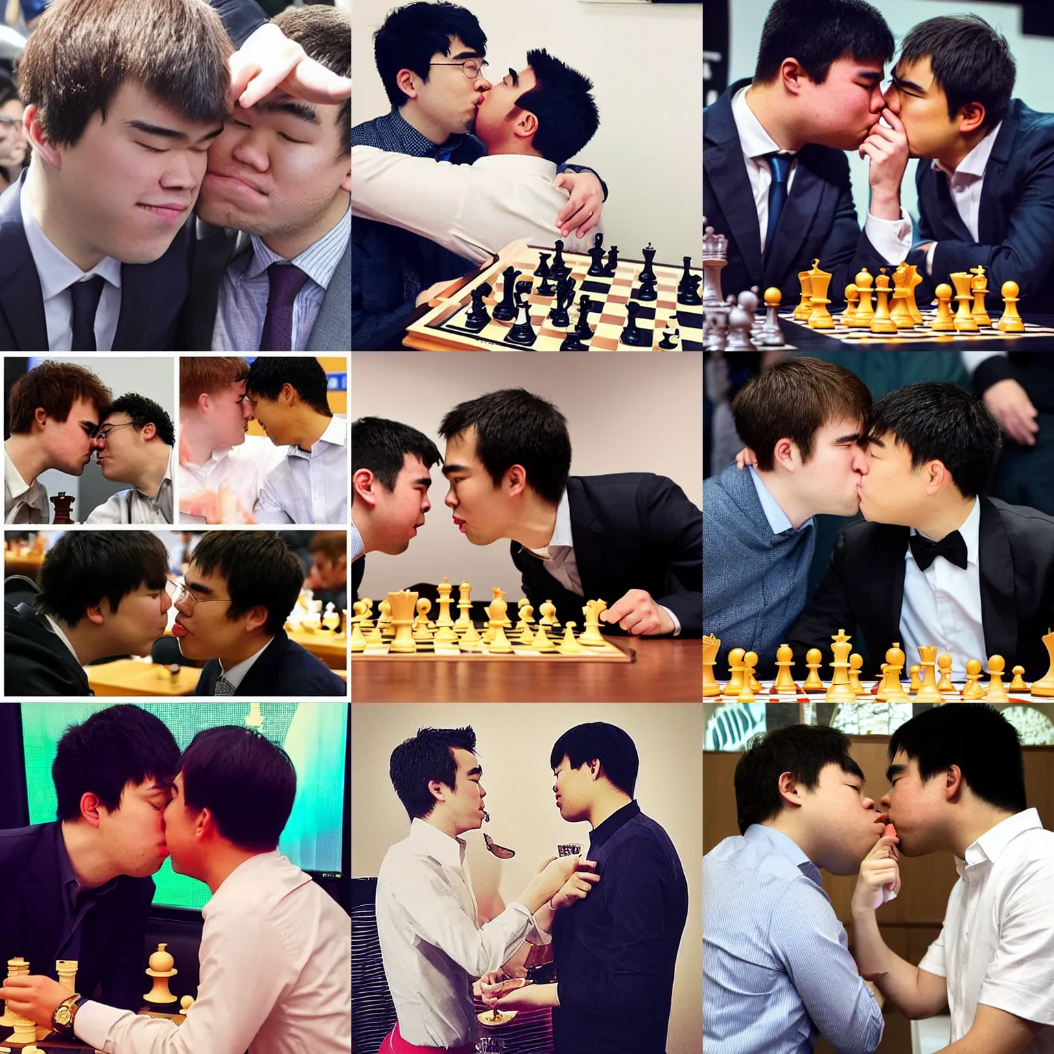 Prompt: “World chess champion Magnus carlsen kissing twitch streamer hikaru nakamura. They are furiously making out”