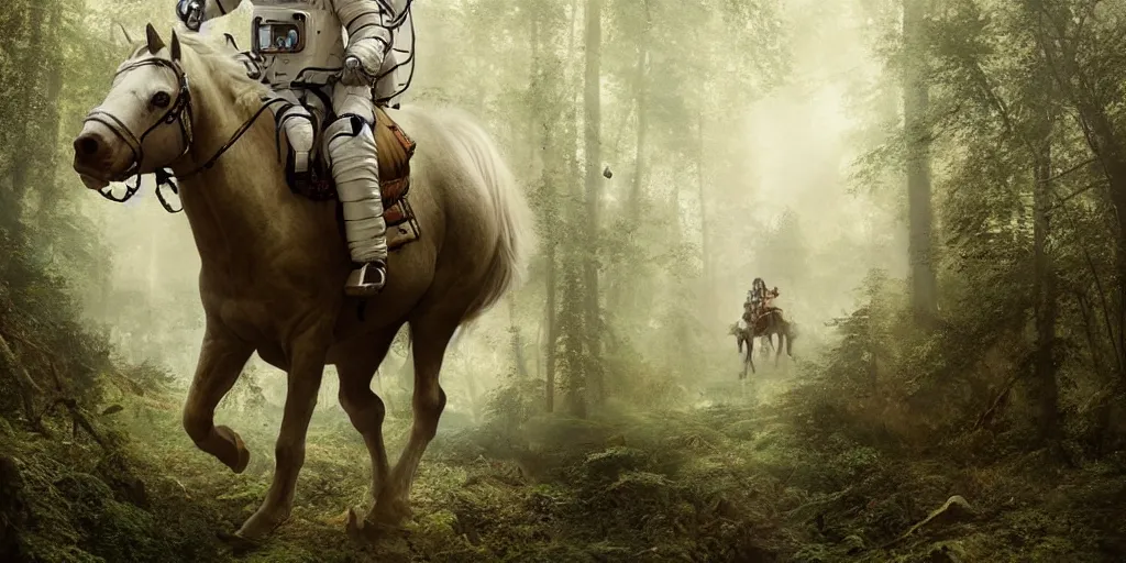 Image similar to an astronaut riding on the back of a white horse through a forest, a detailed matte painting by frieke janssens, featured on cgsociety, fantasy art, matte painting, reimagined by industrial light and magic, matte drawing