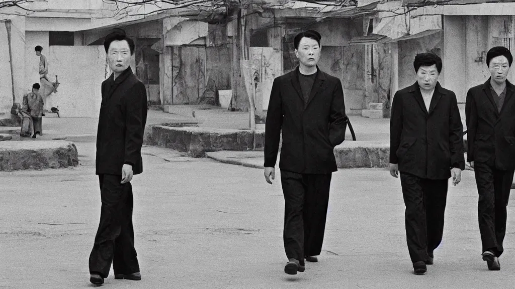 Prompt: shin sang - ok walking in 1 9 6 0 s pyongyang, film noir thriller in the style of orson welles and andrei tarkovski