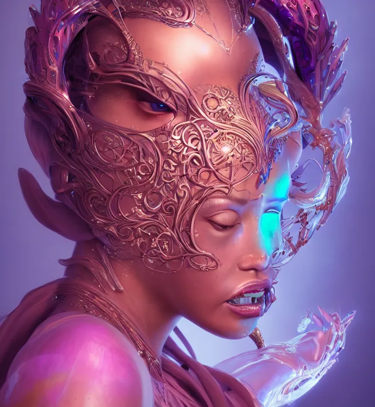 Image similar to iridescent portrait of a beautiful princess in robe. biomechanical mask. bio luminescent biomechanical halo around head. artwork by jarold Sng by artgerm, by Eddie Mendoza, by Peter mohrbacher by tooth wu, unreal engine, octane render, cinematic light, high details, iridescent colors, dichroic, macro, 4l