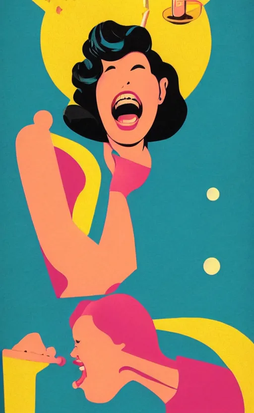 Image similar to illustration with a woman laughing out loud, standup, comedy, joke, an art deco painting by tom whalen, funny meme photo, trending on behance, art deco, digital illustration, storybook illustration, grainy texture, flat shading, vector art, airbrush, pastel, watercolor, poster