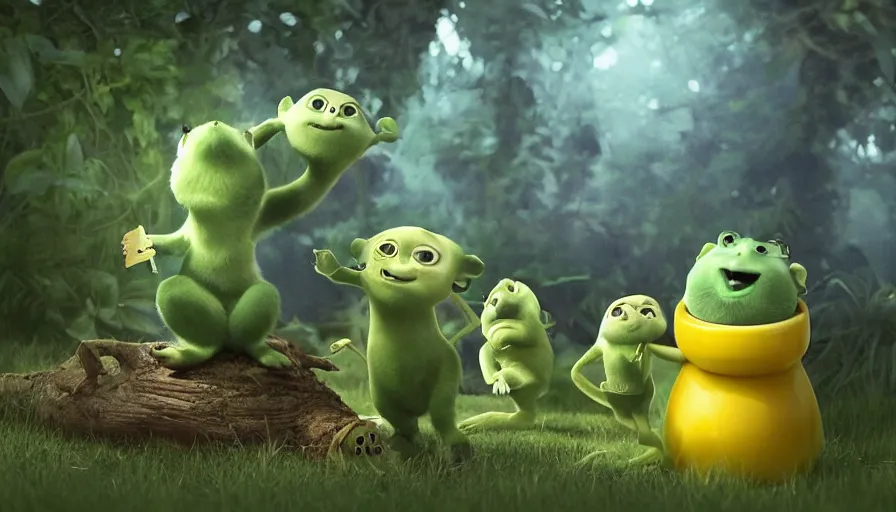 Prompt: very very very cute green baby animals by Max Kostenko and Bobby Chiu, disney, pixar, MPC, Framestore, character design for animation, uplight, a lineup of characters, big disney eyes, symmetrical yellow eyes, cuteness, 3d render, octane rendered, highly detailed, cinematic lightning, rendered by maya and houdini, highly detailed, unreal engine, Trending on Artstation, octane render, 4k, 8k, HD, oil on Canvas by Elena Zhurikhina and Goro Fujita and Charlie Bowater