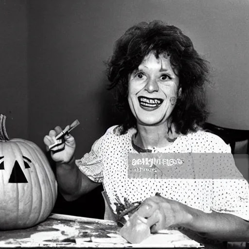 Prompt: 1 9 8 0 s woman smiling while she is painting a funny face on a pumpkin, newspaper photo