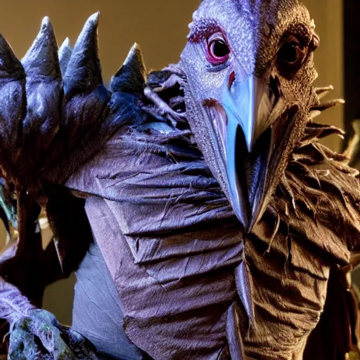 Image similar to evil skeksis from the dark crystal. dark undertones. volumetric lighting.