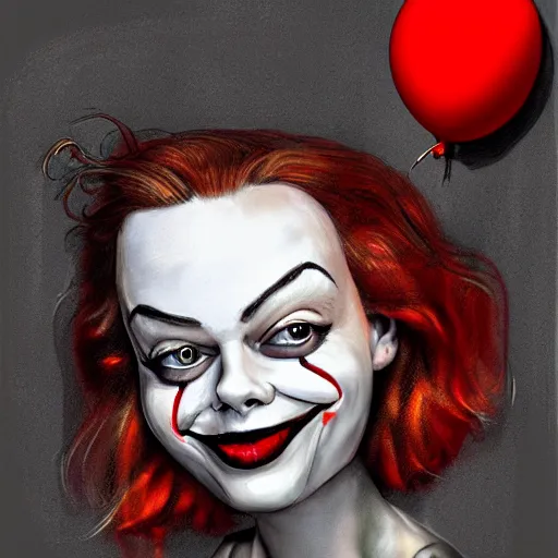 Image similar to surrealism grunge cartoon portrait sketch of margot robbie with a wide smile and a red balloon by - michael karcz, loony toons style, pennywise style, horror theme, detailed, elegant, intricate