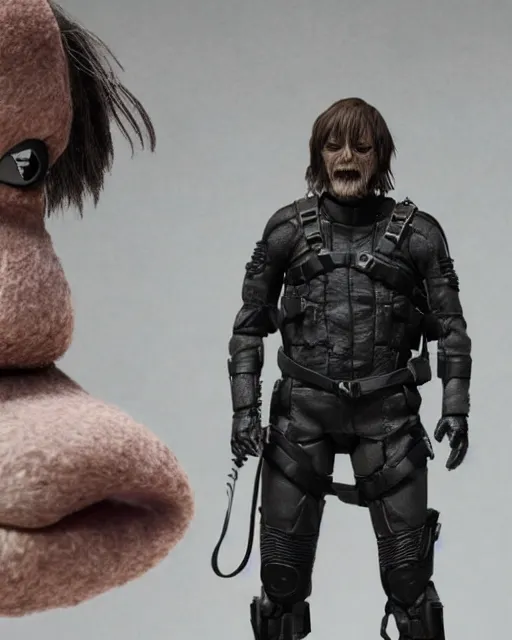 Image similar to death stranding norman reedus as a muppet. highly detailed felt. hyper real photo. 4 k.