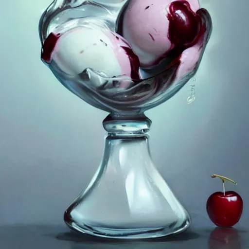 Image similar to beautiful susu cherry crush ice cream melt with a cherry on top, painted by greg rutkowski