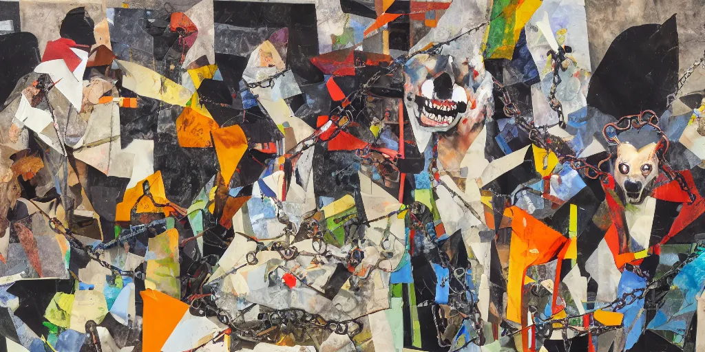 Prompt: mad dogs on a chain, collage paper and tape, acrylic on canvas, expressionism movement, breathtaking detailed, by blake neubert