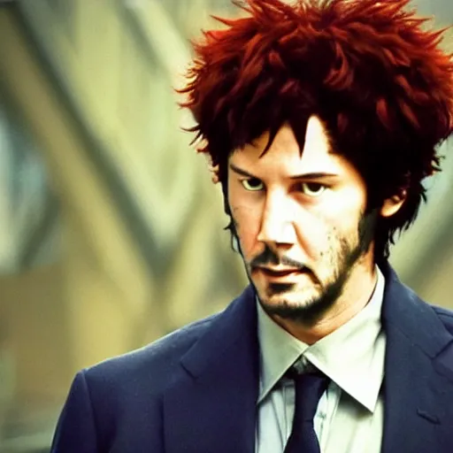 Prompt: A beautiful portrait of Keanu Reeves as Spike Spiegel from the anime Cowboy bebop, still from the movie