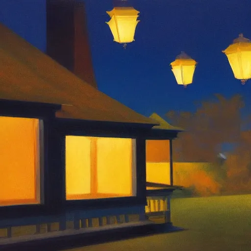 Image similar to beautiful lit lanterns flying in the night sky, edward hopper art style, 4 k