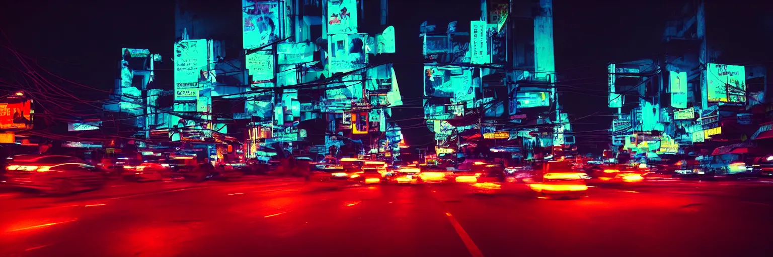 Image similar to Cyberpunk Traffic, futuristic Phnom-Penh Cambodia, neon dark lighting