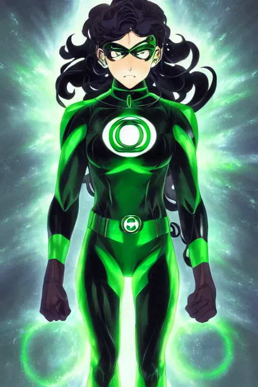 Image similar to anime key visual of a beautiful young female green lantern!! intricate, green and black suit, glowing, powers, dc comics, cinematic, stunning, highly detailed, digital painting, artstation, smooth, hard focus, illustration, art by artgerm and greg rutkowski and alphonse mucha