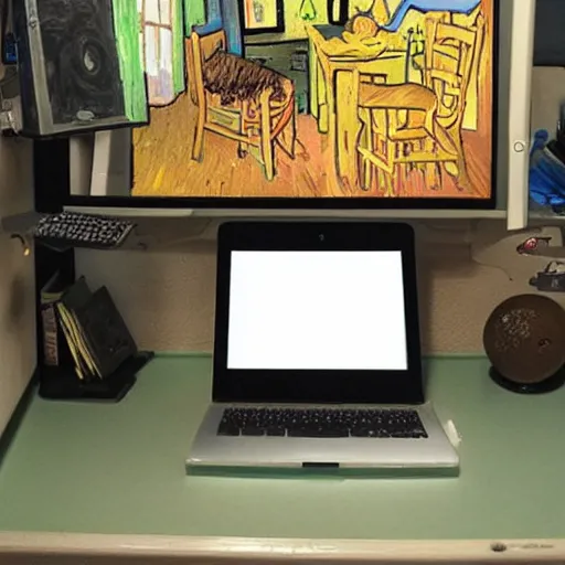 Prompt: desk with laptop and monitor in the style of van gogh