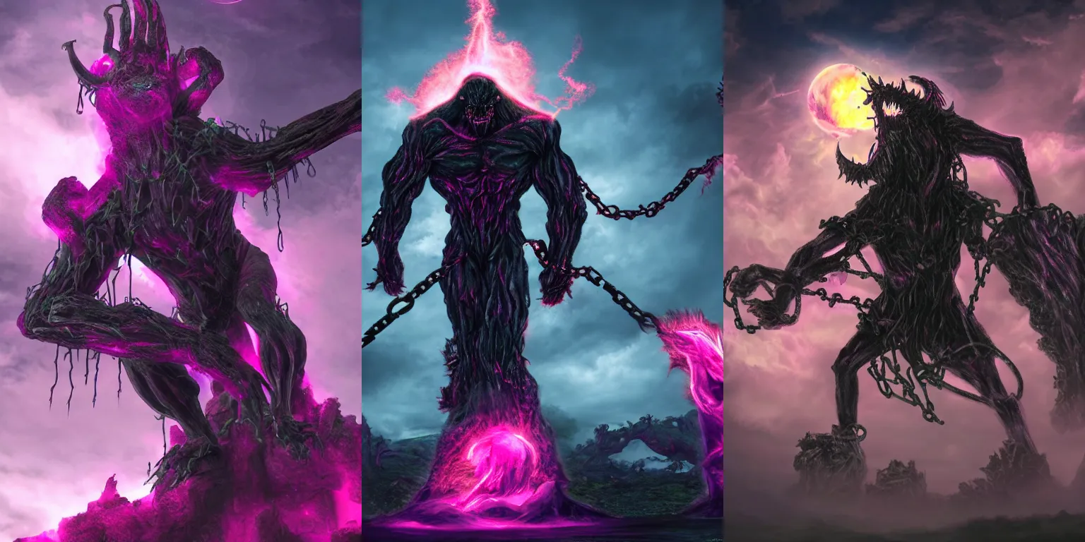 Prompt: Giant demonic abomination statue. Howling. Enchained, chains, restrained. Bloom, volumetric lighting, magenta energy flux. Clouds. Fantasy, digital painting, HD, 4k, detailed, vibrant.