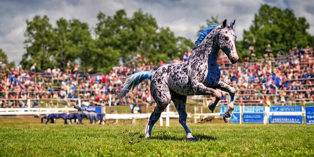 Prompt: action shot from a distance of 2 0 m of a hybrid my little pony ( appaloosa horse ), professional, high quality, multi colored saturated mane, a horse is at a steeplechase event, 4 k, dof, bokeh, action, dramatic lighting, photorealistic, detailed, hq, photorealism, digital art