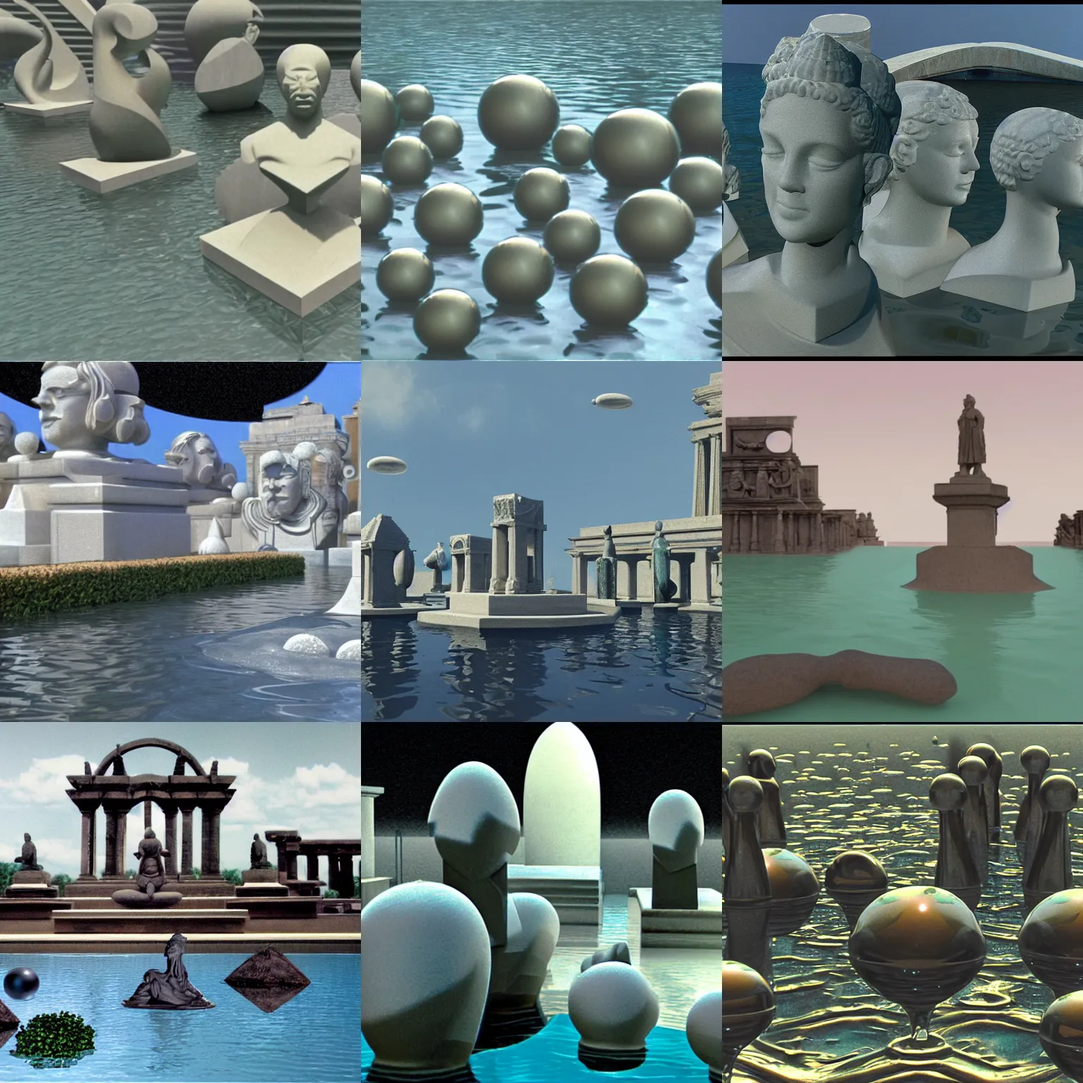 Prompt: still from a 1 9 8 3 3 d computer animation, constructive solid geometry, floating spheres and shapes, statues, faces, water, glass, marble, chrome, stone, dolphins, temples, clouds