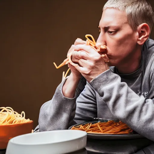 Prompt: eminem eating his mothers spaghetti, looking sad, 4k, photography, detailed, detailed face, sharp, cinematic lighting