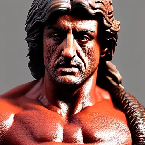 Prompt: museum stallone rambo portrait statue monument made from porcelain brush face hand painted with iron red dragons full - length very very detailed intricate symmetrical well proportioned balanced
