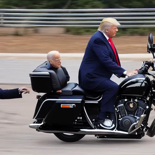 Image similar to donald trump and joe biden riding a motorcycle