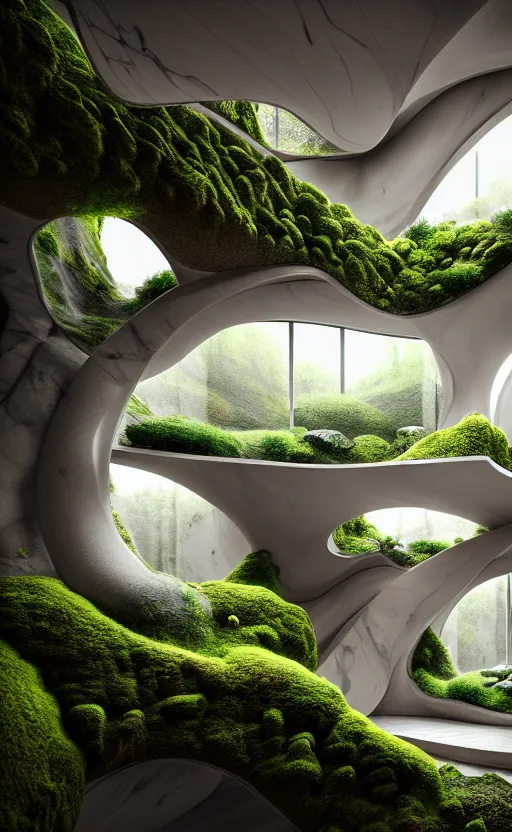 Prompt: highly detailed ultra sharp villa natural light interior soft cinematic cellular composition of a smooth ceramic porcelain biomorphic magnolia stone nebula fluid fractal sci - fi surreal architecture landscape, granite, furniture, marble, moss, lichen, fungi, vincent callebaut composition, mamou - mani, archviz, 8 k, unreal engine