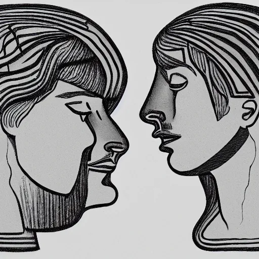 Image similar to perfectly centered symmetrical split male and female portrait of man and woman in love sharing one heart. illustration, highly detailed, simple, no jagged lines, smooth, artstation, artwork by william zorach