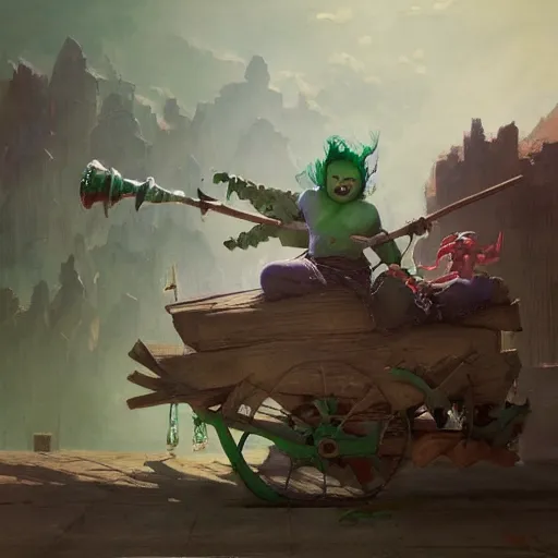 Image similar to chubby fantasy green goblin riding in a rickety wooden cart holding a lance, organic painting, sunny day, matte painting, bold shapes, hard edges, street art, trending on artstation, by huang guangjian, gil elvgren, ruan jia, greg rutkowski, gaston bussiere