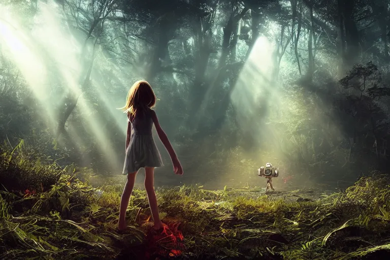 Image similar to the great beyond, sci - fi scene future new york, little girl holding a hand of a big robot, forest punk, crepuscular rays, epic scene, hyper realistic, photo realistic, overgrowth, cinematic atmosphere, ethereal lighting, style of john - waterhouse