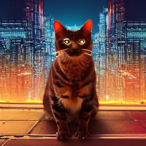 Image similar to cyberpunk cat sits in the city at twilight