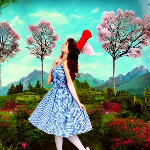 Image similar to giant alice in wonderland, pin up, houses, trees, mountains, woman, city, digital art, photo, blue dress, photoshop, flowers, collage, river, up