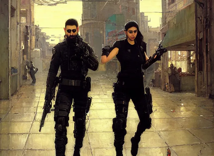 Image similar to Maria evades sgt Griggs. Cyberpunk hacker escaping Menacing Cyberpunk policeman griggs wearing a combat vest. (dystopian, police state, Cyberpunk 2077, bladerunner 2049). Iranian orientalist portrait by john william waterhouse and Edwin Longsden Long and Theodore Ralli and Nasreddine Dinet, oil on canvas. Cinematic, vivid colors, hyper realism, realistic proportions, dramatic lighting, high detail 4k