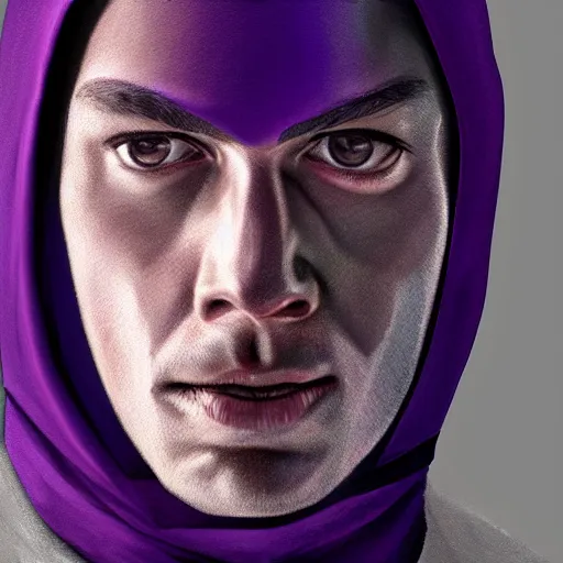 Image similar to ultra realistic illustration, man in a black hood, in a striped purple balaclava, mysterious, highly detailed, digital painting, artstation, concept art, smooth, sharp focus, illustration