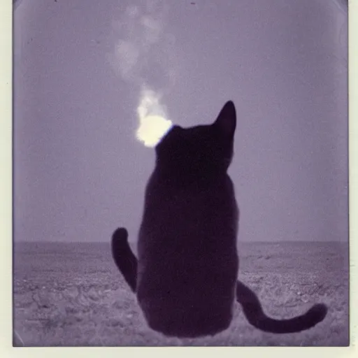 Prompt: A polaroid photo of a cat watching a mushroom cloud in the distance