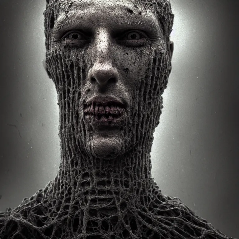 Image similar to ribbed man face portrait, baroque painting, standing in a desolate empty wasteland, creepy, nightmare, dream-like heavy atmosphere, surreal abandoned buildings, beautiful detailed intricate insanely detailed octane render trending on Artstation, 8K artistic photography, photorealistic, chiaroscuro, Raphael, Caravaggio, Beksinski, Giger