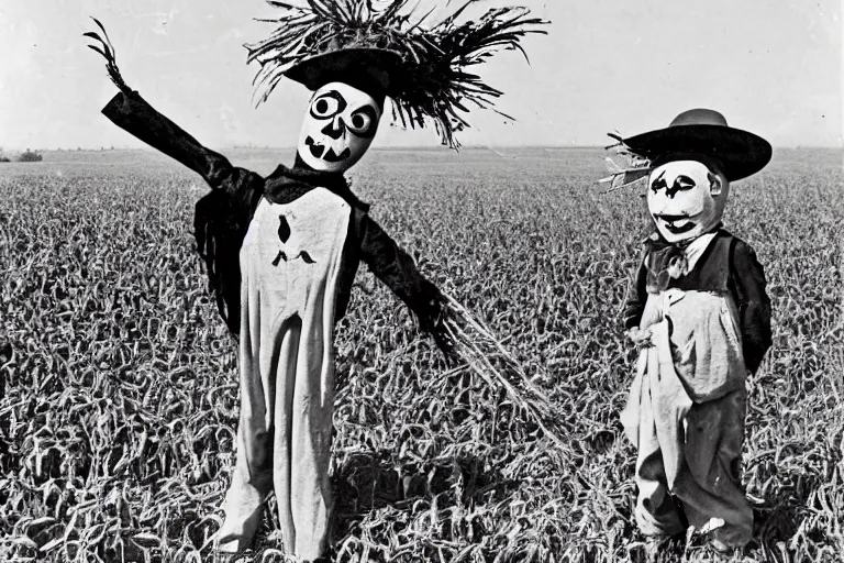 Image similar to frightening scarecrow from the early 1 9 0 0's dancing in the cornfields