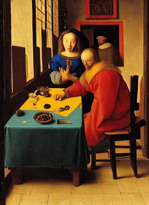 Image similar to evening, young man at the table with young pretty blonde girl at the crowded tavern in the evening. medieval painting by jan van eyck, johannes vermeer