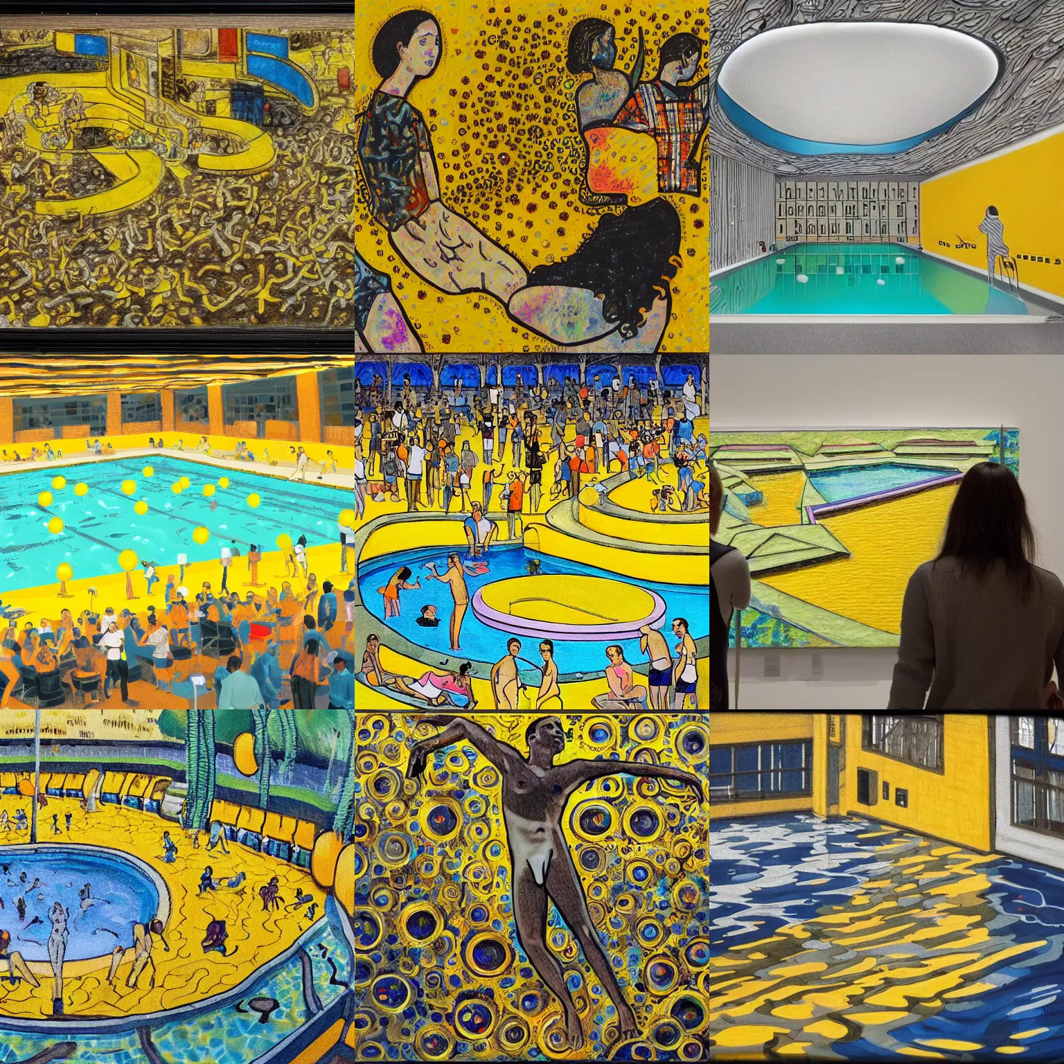 Image similar to when the art knowledge of ai trained by millennials, is like swimming in the yellow tinted wading pool at the community swimming center