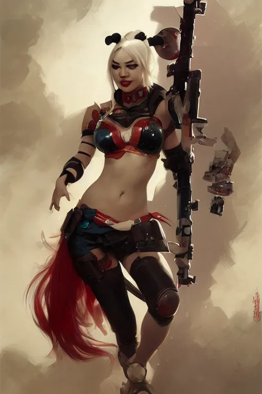 Image similar to portrait of asian Harley Quinn in bikini armor, dc comics, cyberpunk, Warhammer 40000, dark fantasy, digital art from artstation by Ruan Jia and Mandy Jurgens and Artgerm and william-adolphe bouguereau