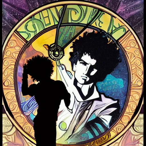 Image similar to concept art, silhouette of Spike Spiegel in front of Ganymede in the style of Alphonse Mucha and Hiroya Oku, very detailed, trending on artstation,